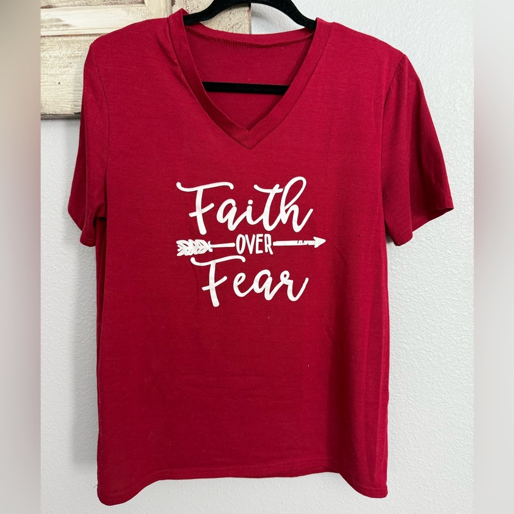 Red V-Neck T-Shirt with Faith Over Fear Print